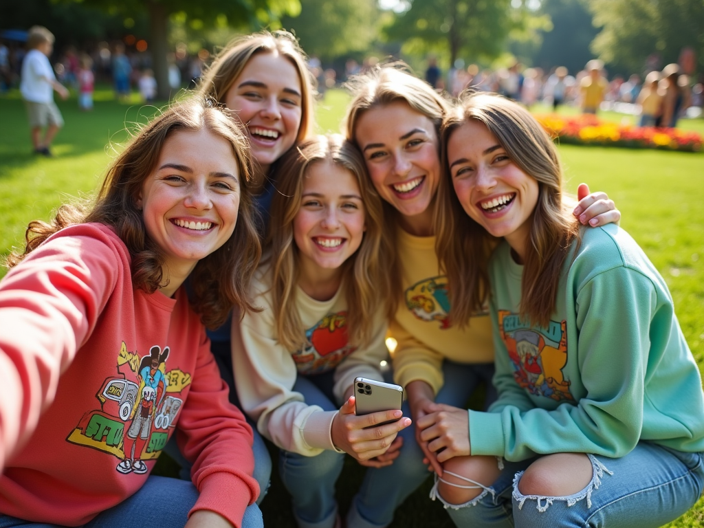 Grupa pięciu młodych kobiet robi sobie selfie na tle parku.