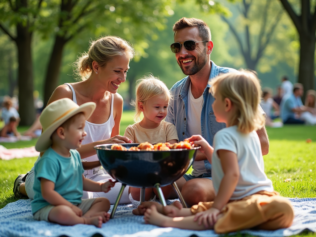 Rodzina na pikniku w parku, grillująca i bawiąca się z dziećmi.